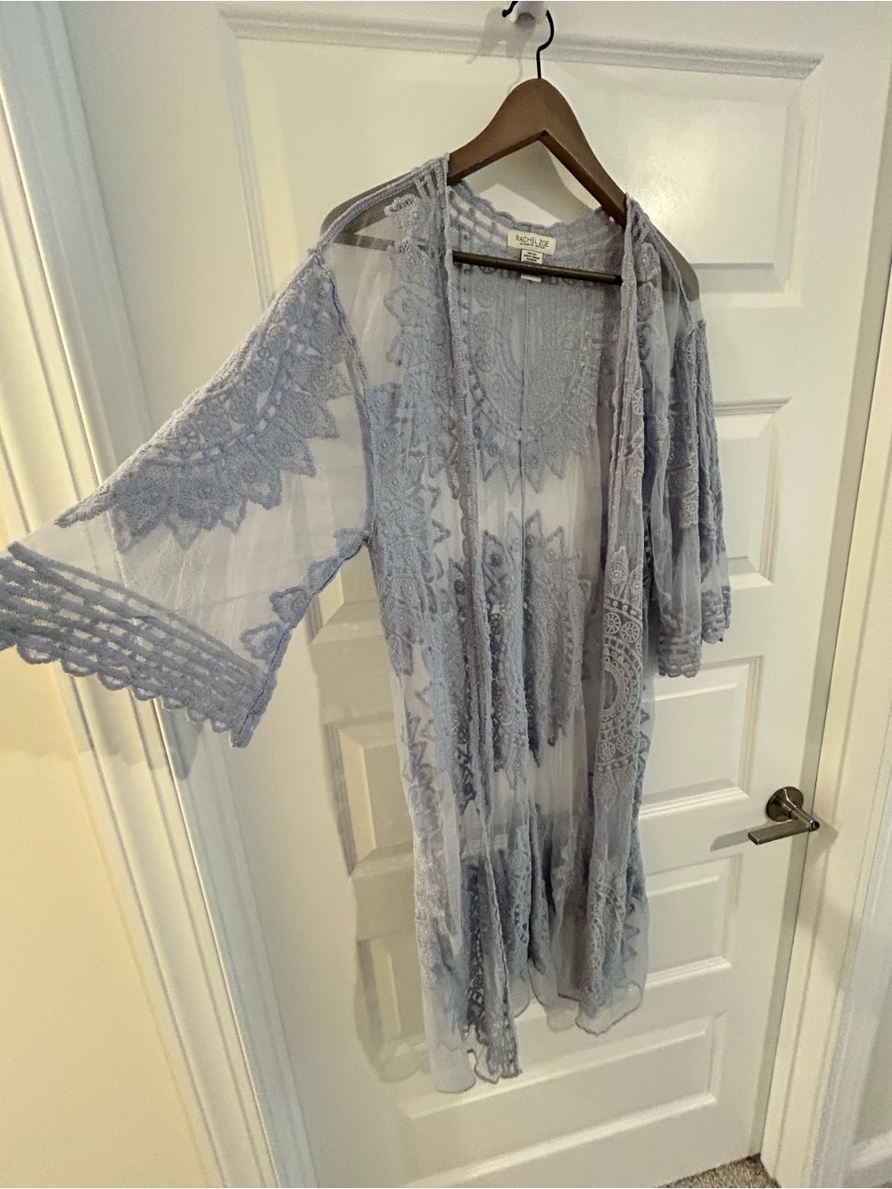 Rachel Zoe Crochet Lace Boho Kimono Duster Dusty Blue One Size
